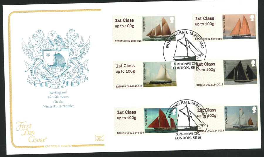 2015 Cotswold Working Sail Post & Go First Day Cover,Greenwich Postmark